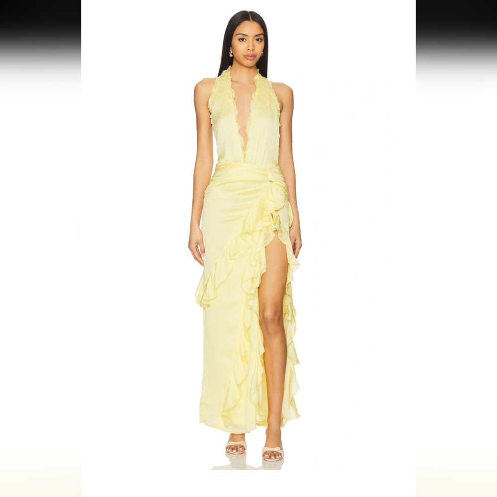 NBD Yellow Ruffle Halter Maxi Dress